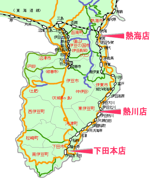 伊豆半島概略図と伊豆太陽各店舗分布図